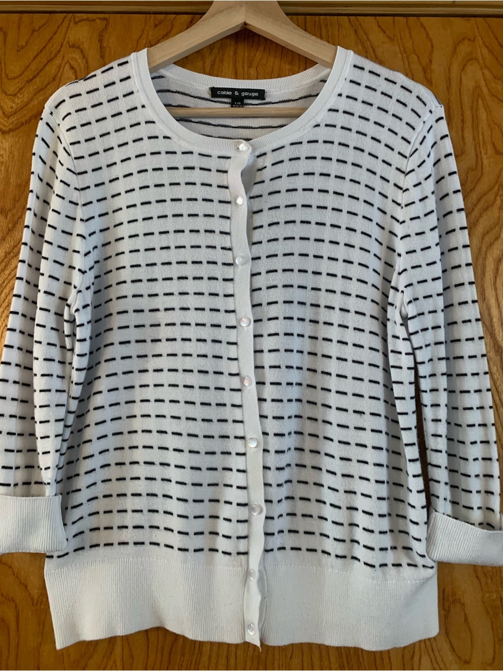 Cable & Gauge  Rayon White Cardigan with Black Dotted Stripe